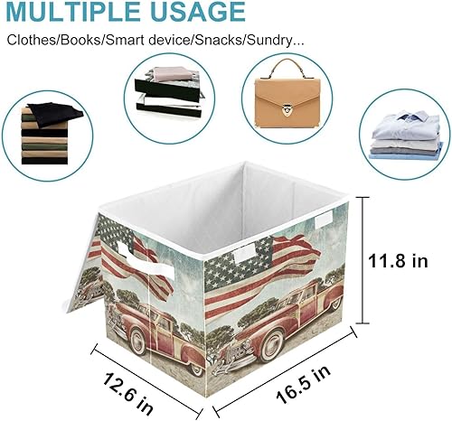 Miniatura 2 de CaTaKu Contenedores de almacenamiento de la bandera estadounidense de camión rojo con tapas y asas contenedor de almacenamiento grande de tela con