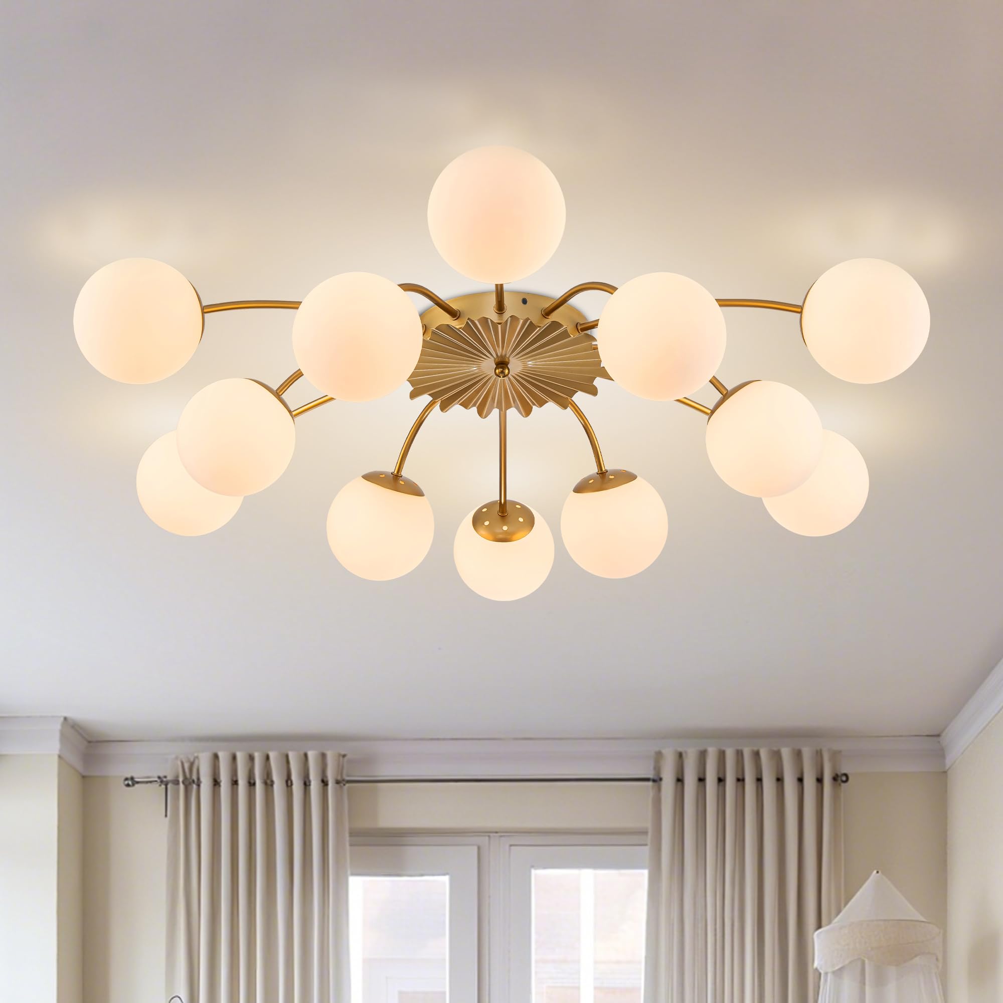 Longree 38.1 in. 12-Light Mid Century Modern Sputnik Chandelier Gold Semi Flush Mount Ceiling Light, Opal Glass Bubble and Blossom Accent Milk Glass