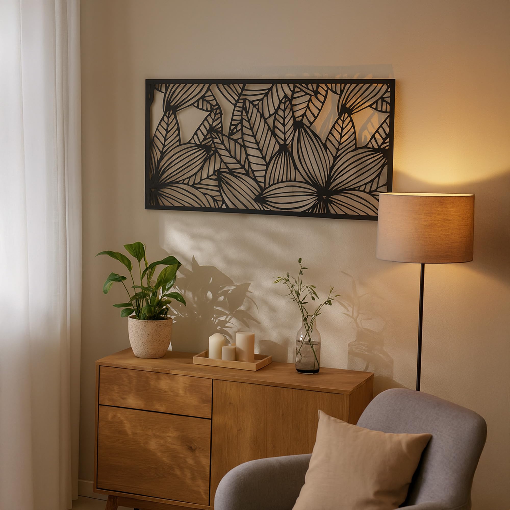 UNUS Tableau en métal Fleurs, 120 x 60 cm Décoration murale pour intérieur et extérieur avec crochets de suspension, design moderne en noir