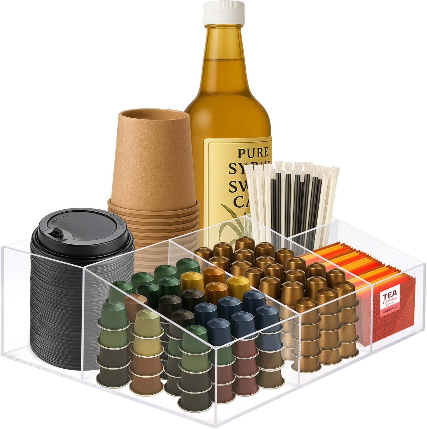 Acrylic Coffee Bar Station – Snack Tea Organizer & Storage Holder for Office Coffee Table – Perfect Countertop Setup for Syrup, Creamer, Condiment and Snack Accessories