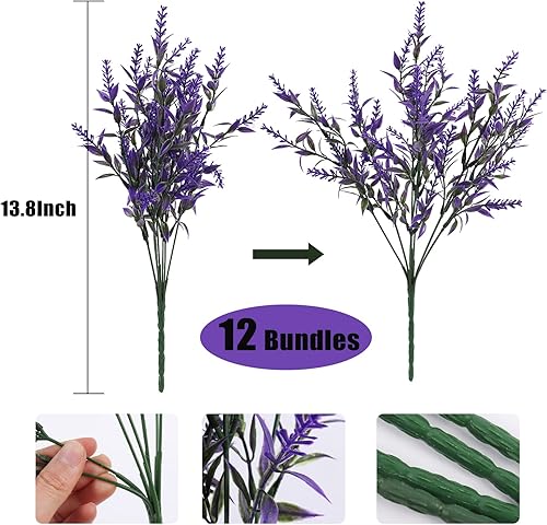 Miniatura 31 de Plantas artificiales para exteriores, resistentes a los rayos ultravioleta, vegetación artificial, 12 ramos de flores de lavanda para macetas