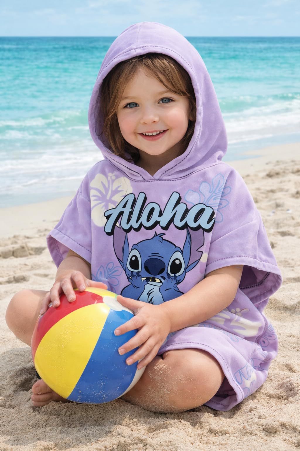 Sun City Disney Lilo & Stitch Ponczo kąpielowe dla dziewczynek i dzieci, z kapturem, motyw Keep Palm, ręcznik plażowy, szybkoschnący, ręcznik kąpielowy 3-6 lat, 55 x 110 cm (fioletowe)