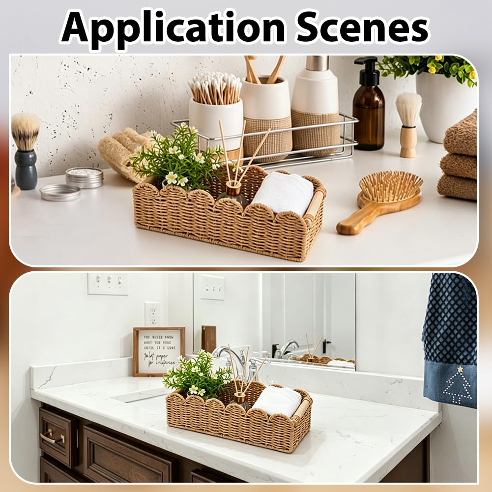 2 cestas de ratán para cuarto de baño, cestas de almacenamiento, cestas largas y estrechas, cestas de almacenamiento, caja de inodoro, cesta de mimbre con borde arqueado, recipiente pequeño