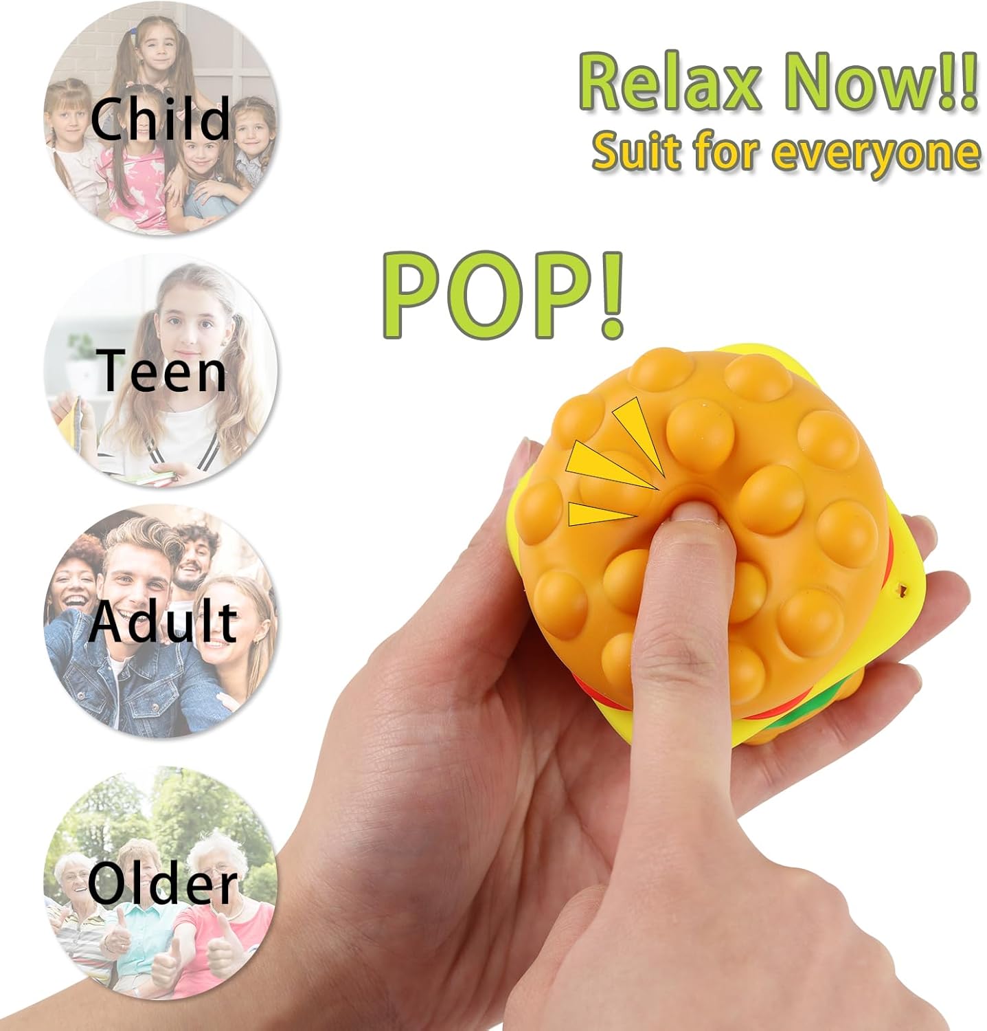 Anboor Pop Fidget Toys, 3D Silicone Hambergur Push Bubbles Sensory Toy Pop Stress Ball Anxiety Stress Relief Austism Early Educational Pop Toy for Kids Adults