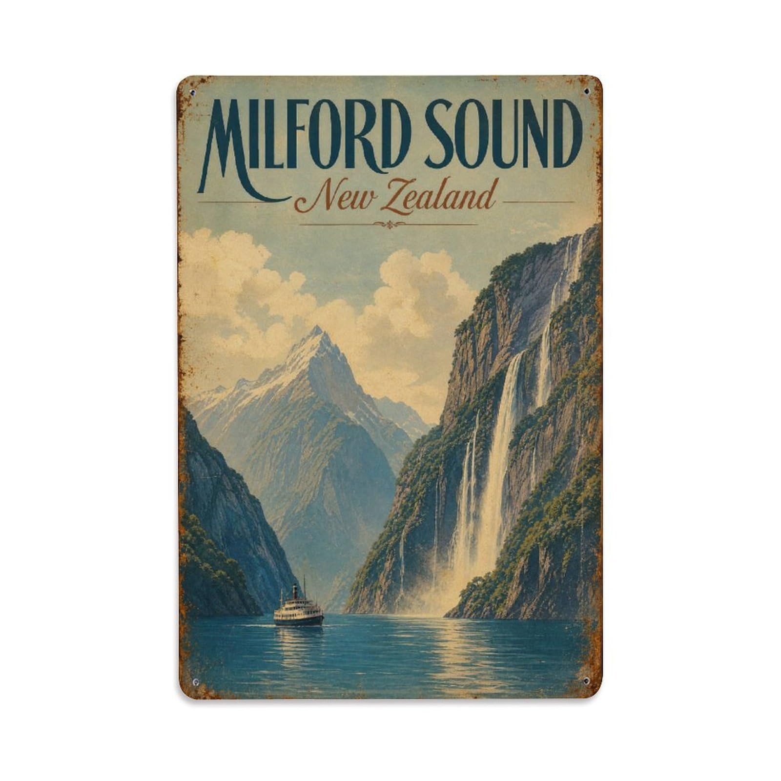 Gead 8X12inch Style Vintage Travel Milford New Zealand Fjords Metal Tin Sign