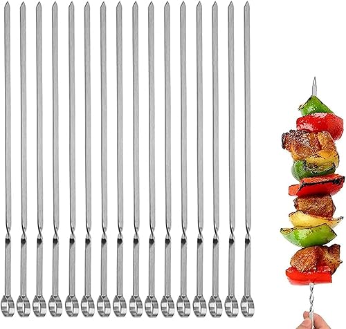 Brochetas de metal para asar, 16 unidades, 14 pulgadas, pinchos planos para asar a la parrilla, brocheta de acero inoxidable, juego reutilizable