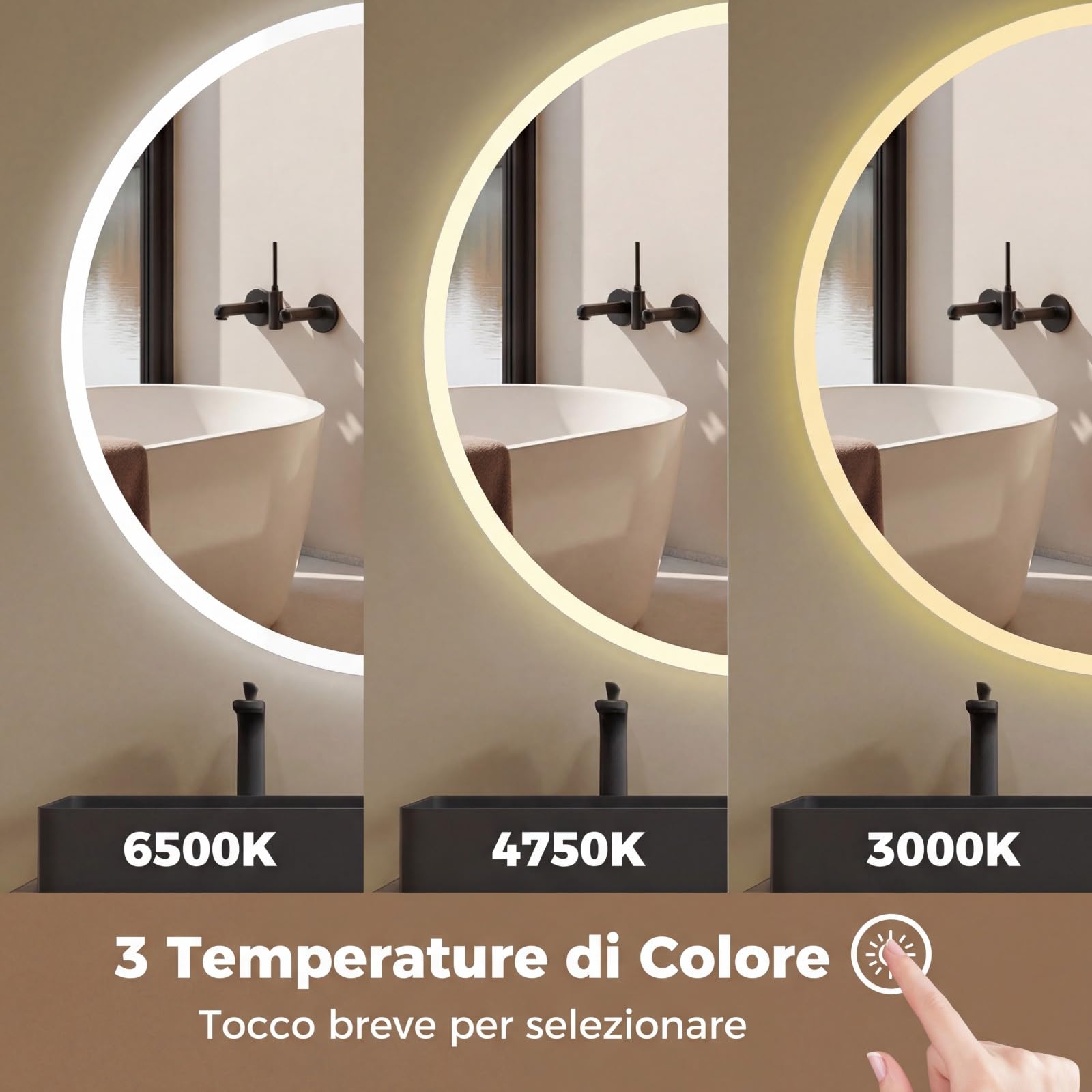 COSTWAY Specchio Rotondo con Luce 60 cm, Specchio Retroilluminato Bagno con 3 Colori Luce, Antideflagrante, Antiappannamento, Luminosità Regolabile, IP44, Memoria e Vetro Temperato HD (60 x 60 cm)
