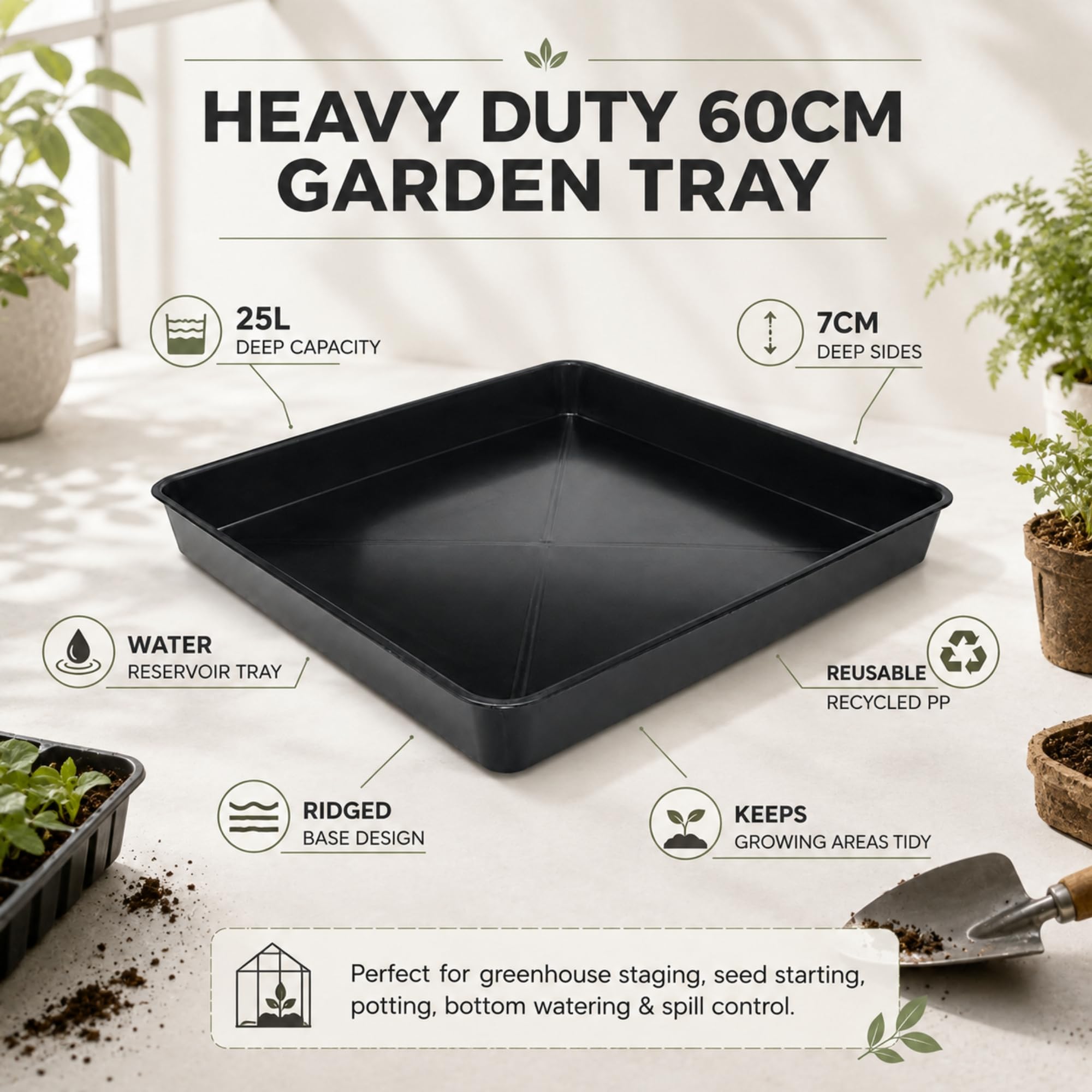 W-Direct Quadratisches Gartentablett, 60 cm, strapazierfähig, Schwarz, 25 l tiefes Pflanztablett für Gewächshaus, Saatgut, Eintopfen und Wasserspeicher, wiederverwendbares schwarzes Tablett