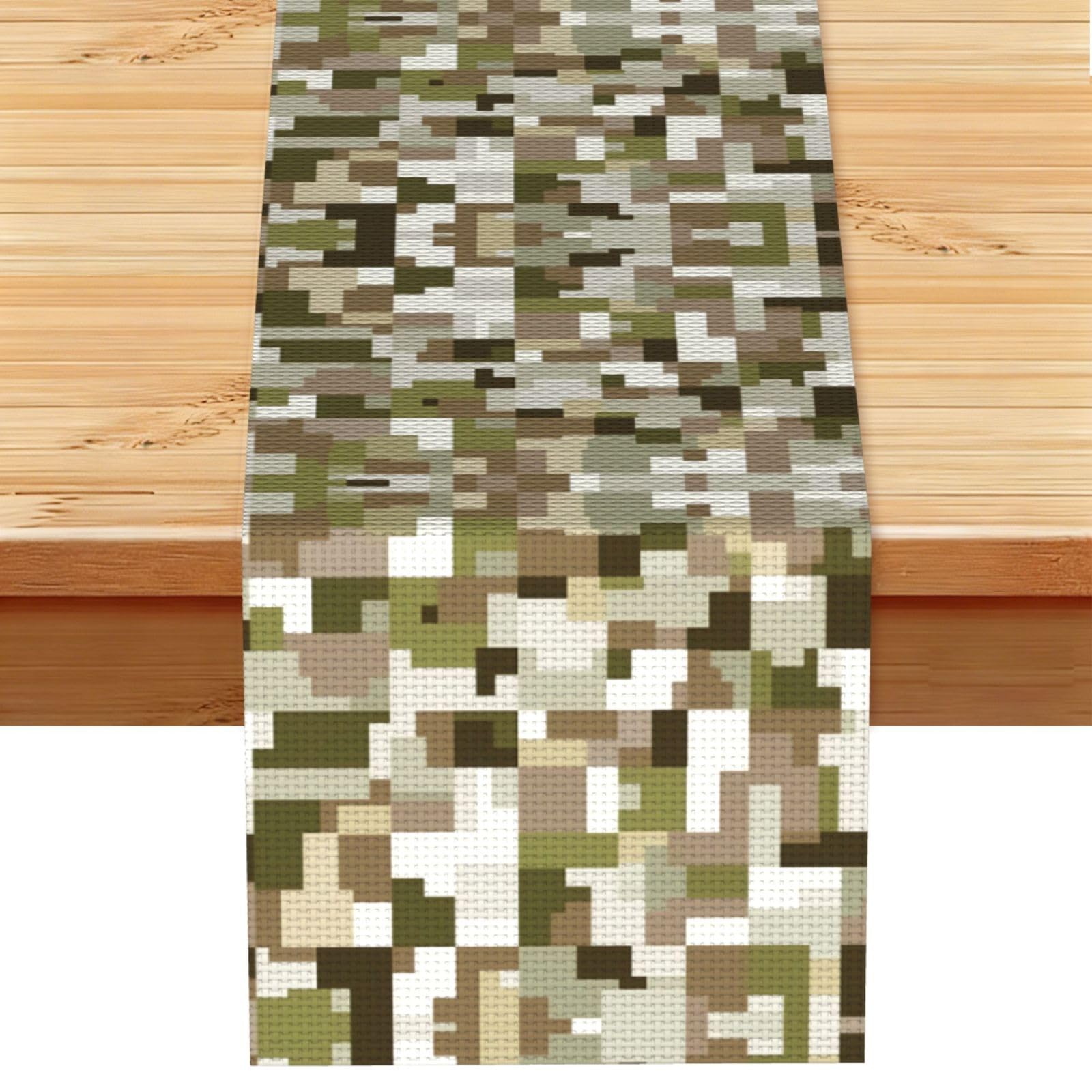 Geometric Olive Camo Mosaic Printed Table Runner 13 x 72, Wrinkle Resistant Decor for Dining Table Coffee Table Fireplace
