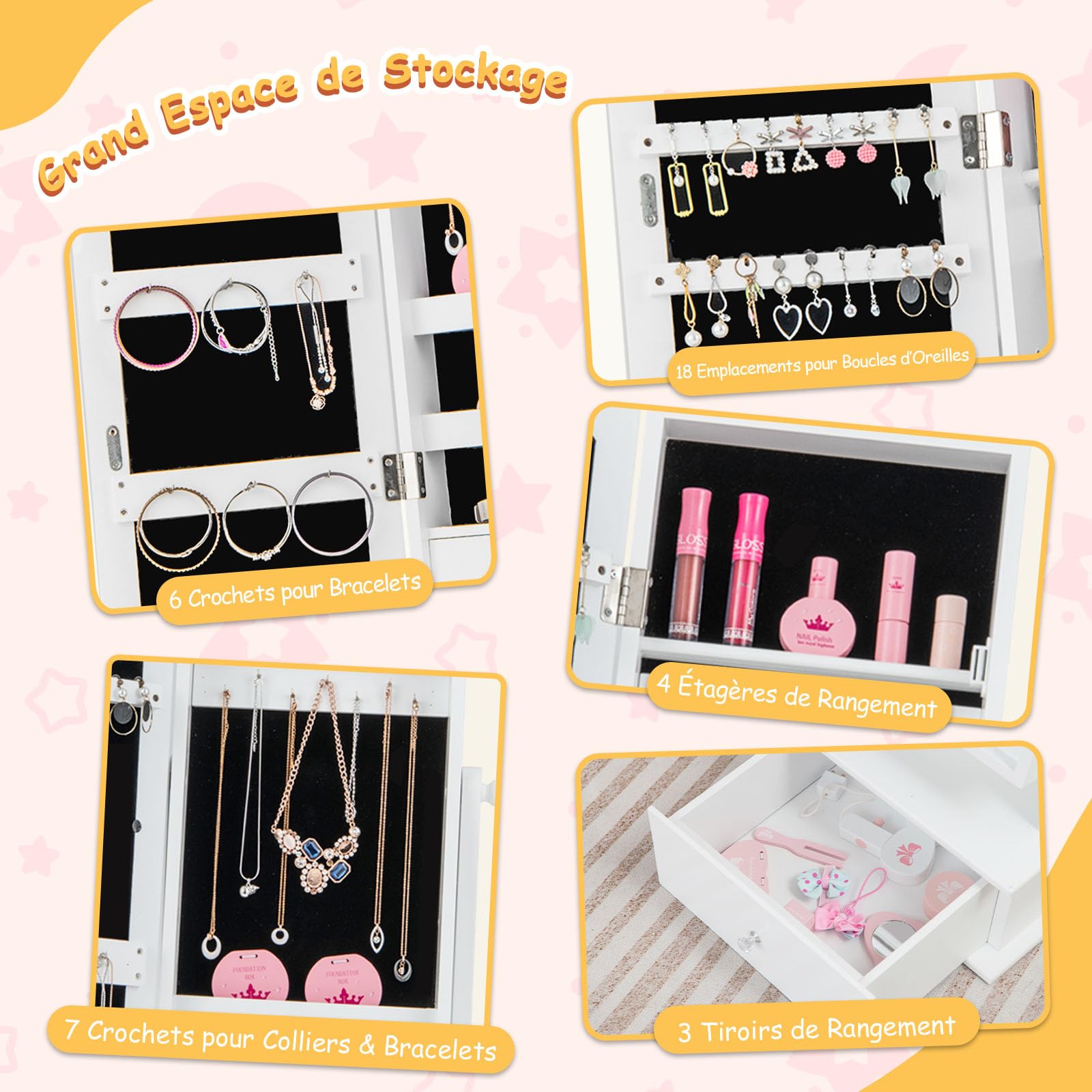 GOPLUS - Armario de joyería infantil con espejo de longitud completa, organizador de joyas con 3 cajones y 4 estantes de almacenamiento, 13 ganchos y 18 ranuras para pendientes, rosa (blanco)