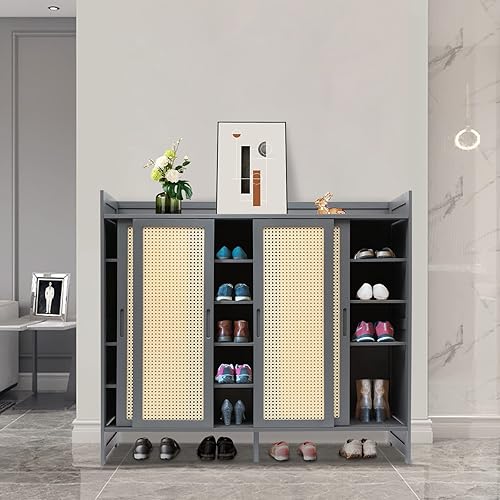 Miniatura 6 de Estante para zapatos, zapatero independiente de bambú, armario de zapatos con puerta corredera ventilada de dos vías, armario de zapatos con puertas