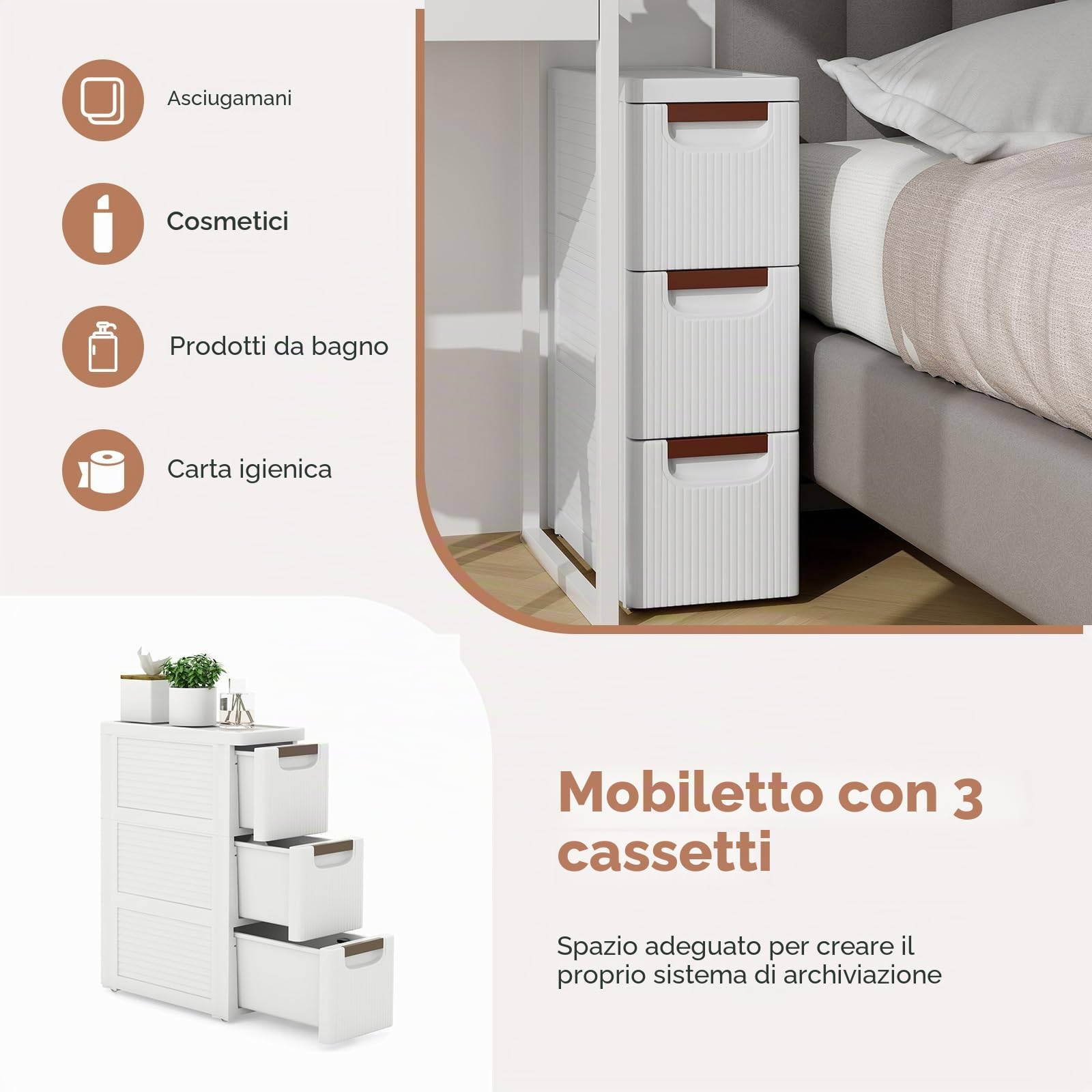 KOMFOTTEU Carrellino Stretto con Ruote, Cassettiera 3/4/5/6 Cassetti Slim, Carrello Portaoggetti a Rotelle, Mobiletto Bagno Salvaspazio per Cucina, Soggiorno, Camera da Letto, Bianco (3 Cassetti)
