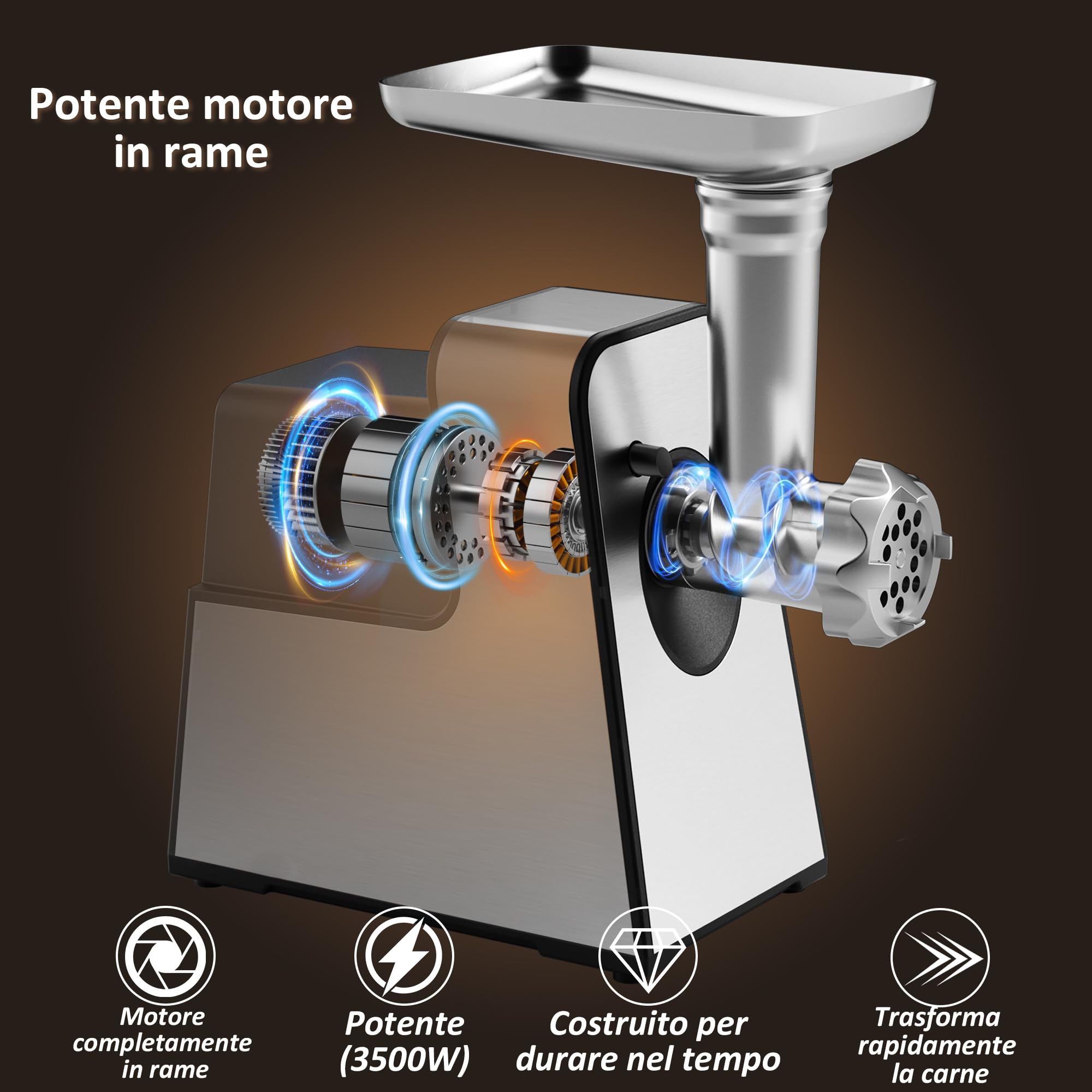 STANEW 3500 W tritacarne elettrico, 3 in 1, con 3 piastre in acciaio inox, Kubbe e 3 tubi per farcire per salsicce, capacità 3,5 kg/min,3 lame, Propower motore in rame