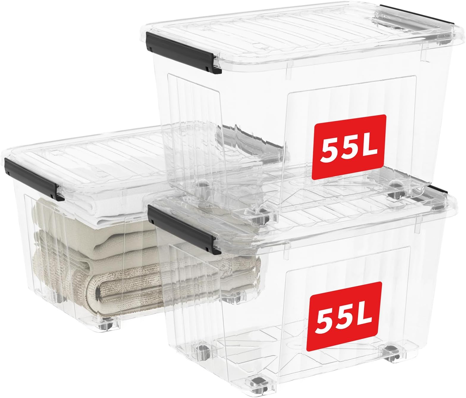 60Qt*3 Plastic Storage Bins, Storage Box, 3 Pack, Organizing Container with Wheels, Durable Lids and Secure Latching Buckles, Stackable and Nestable, Clear with Black Buckle