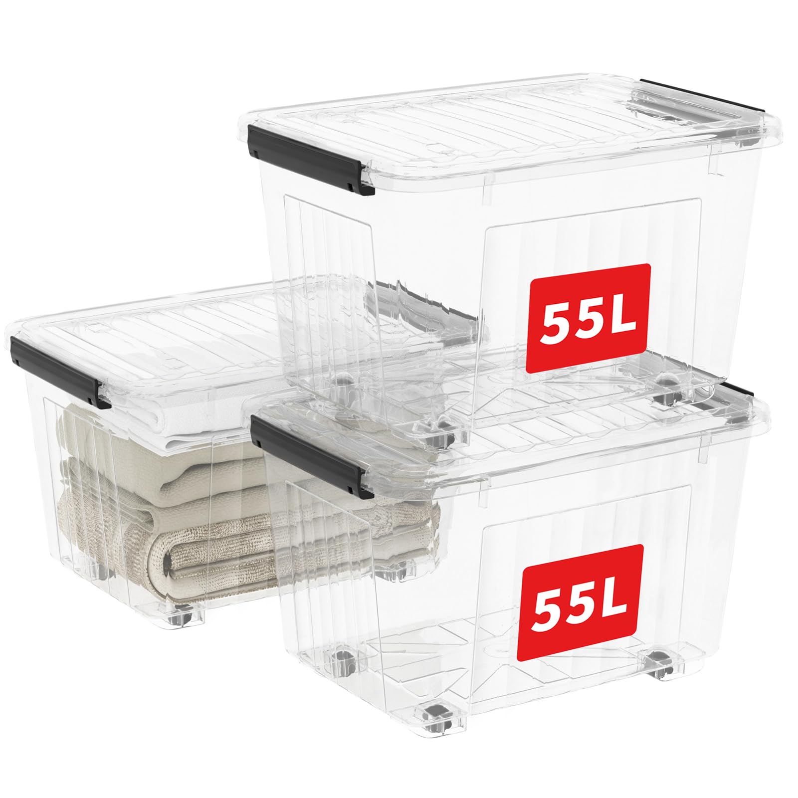 Cetomo 55L*3 Cajas de Almacenamiento con Tapas, Contenedores de Plástico con Ruedas, Clip On, Apilables, Encajables, Organizador Rayado para Oficina en Casa, Transparente, 55L-3 Pack