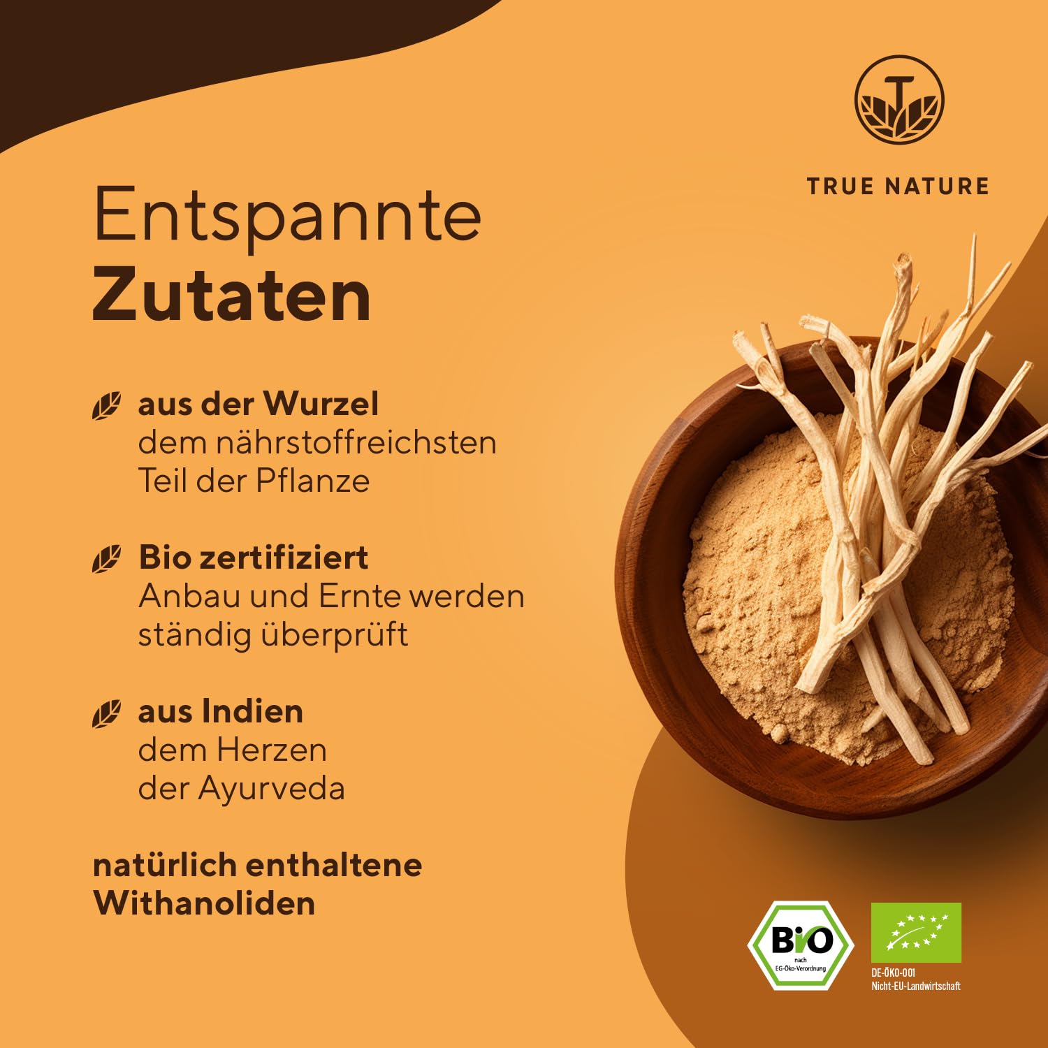 Ashwagandha Bio - 360 Kapseln - Bio Ashwagandha Kapseln hochdosiert - 2600mg - reines Wurzelpulver mit naturbelassenem vollem Nährstoffprofil (nicht extrahiert) - Indische Schlafbeere - TRUE NATURE