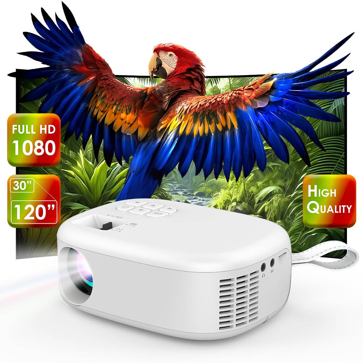 NK Mini proiettore portatile supporto 1080P e 6.500 lumen - Alta risoluzione LED, altoparlante integrato, ingresso USB, HDMI, AV, auricolare, dimensioni 30"-120", compatibile cellulare, tablet, PC,