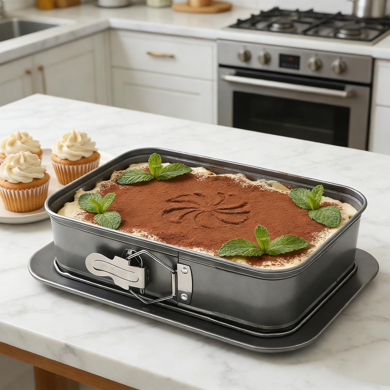 Backform Rechteckig, Springform Eckig Set Antihaft Kuchenform, Kleine Backformen mit Servierboden & 3 Silikon Teigschaber, für Käsekuchen, Tiramisu und Heimbacken