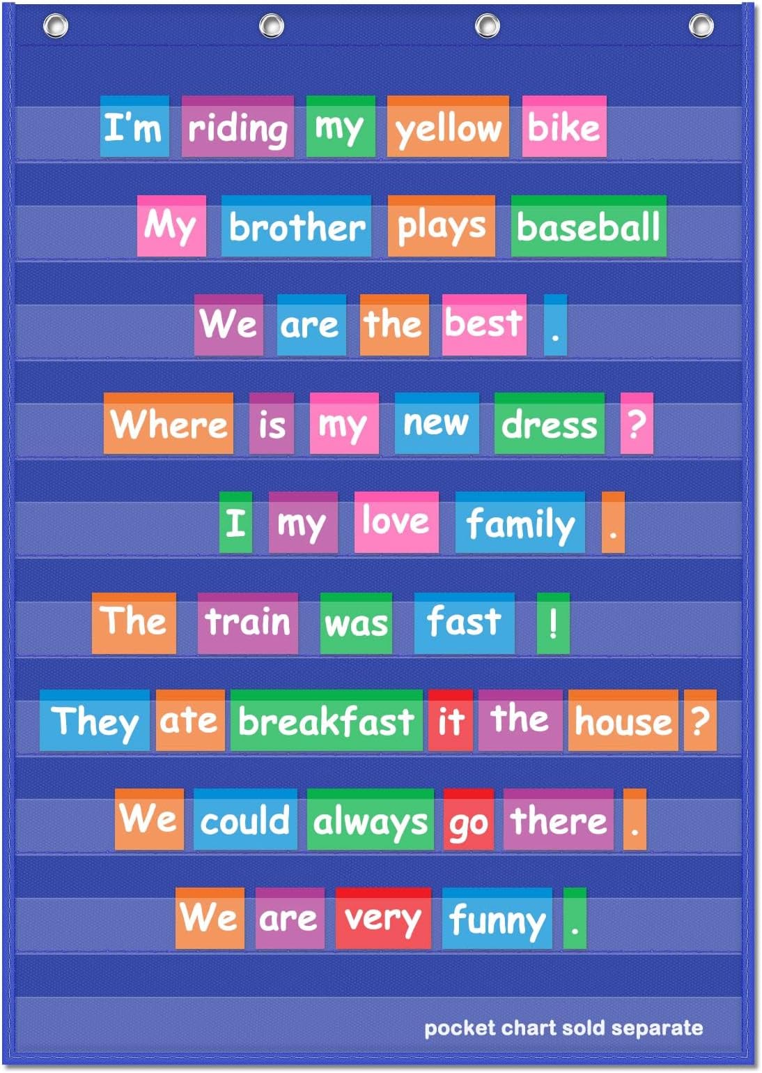 Eamay Standard Pocket Charts, Clear 10 Pocket Chart for Teacher Lessons in a Classroom or Home Use, Fits Standard Sentence Strips Word Cards, Blue