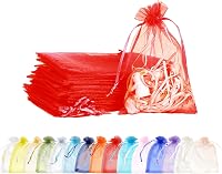 MORAINJAY Organza Ajándéktasak 100 db - Piros, 9x12 cm, Átlátszó Zsinóros Tasak Ékszerekhez, Esküvői Édességekhez, Karácsonyi Ajándékokhoz 1
