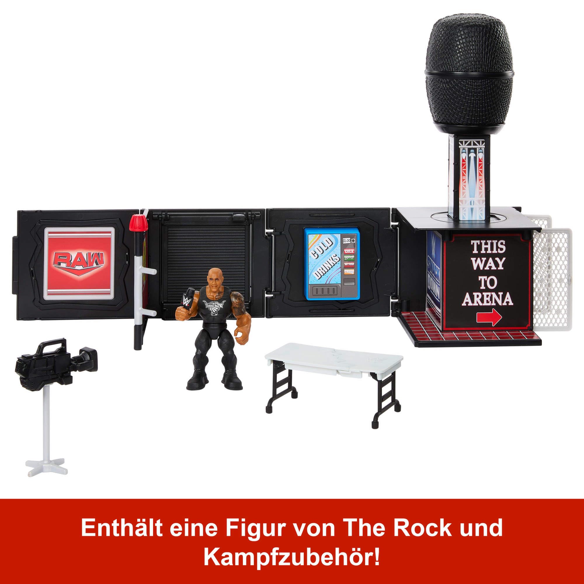 Mattel WWE Knuckle Crunchers 2-in-1-Mikrofon und Spielset mit Actionfigur und 2 Zubehörteilen, Final Boss-Set mit 8 cm großem The Rock, JFX07