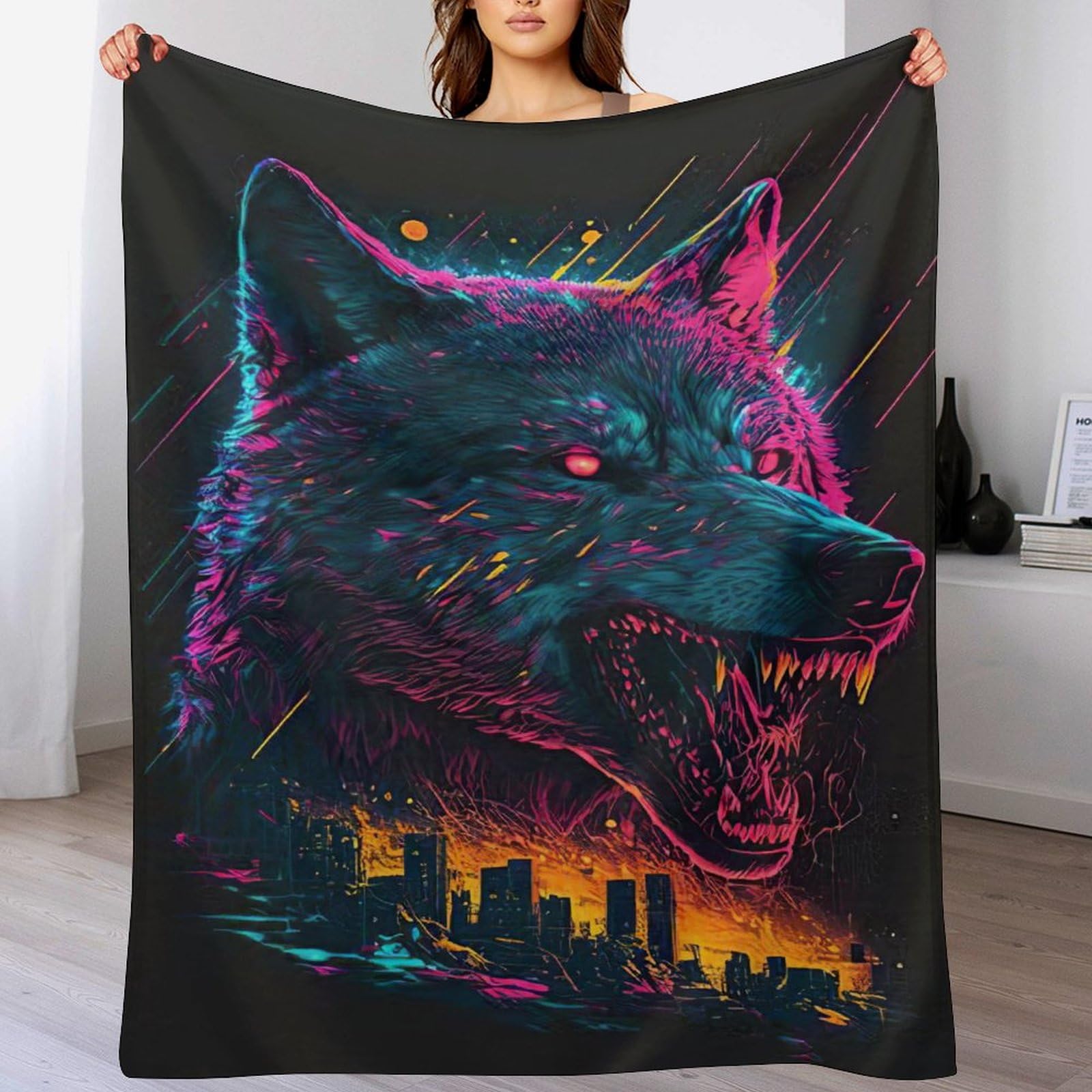 Manta de lobo acogedora para camping y noches de sofá