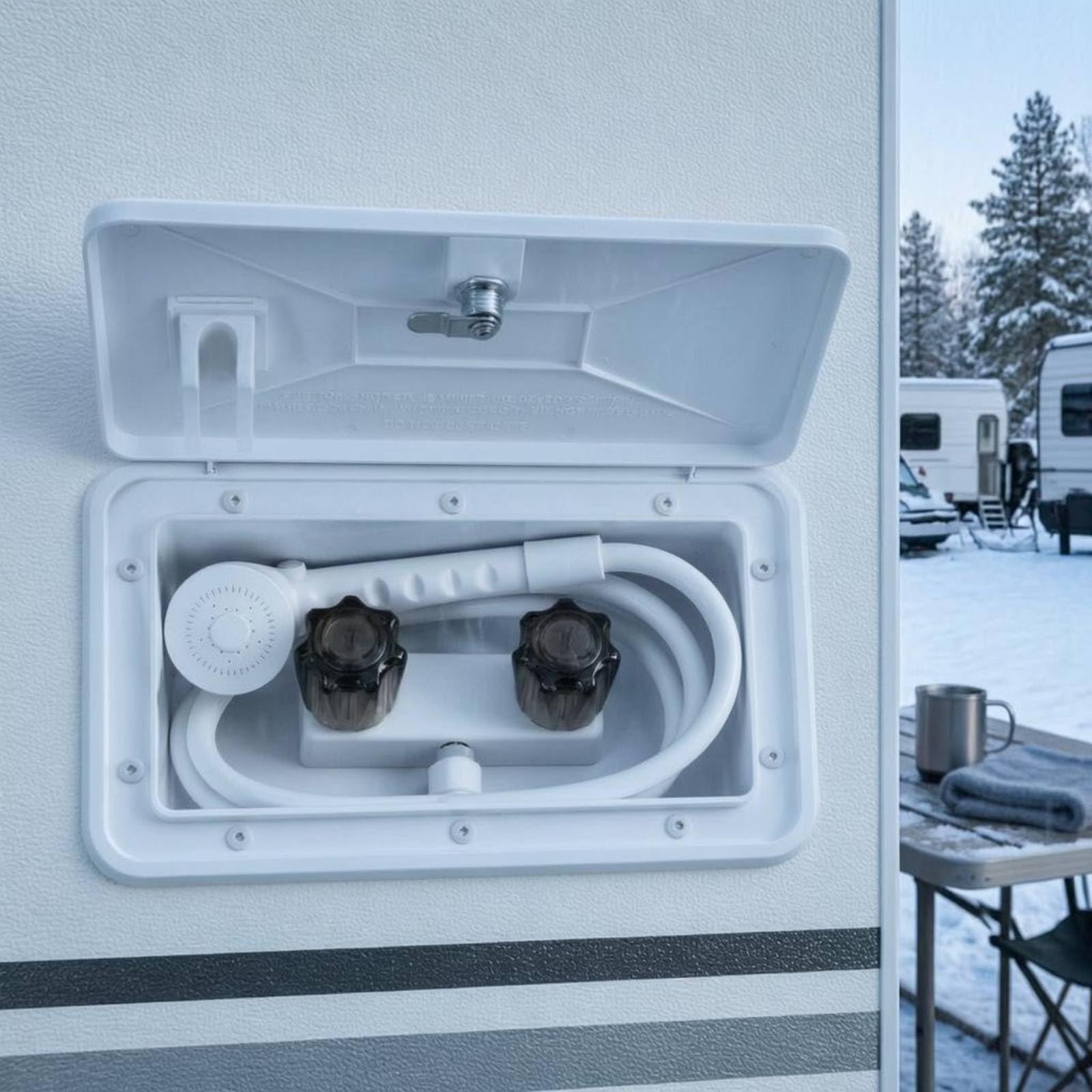 MERIGLARE Outdoor Duschkopf Reisemobil Duschbox Duschset Außendusche mit Temperaturregelung mit Klappabdeckung Und Schlüssel aus für Campingplatz Strand Gartenwaschplatz
