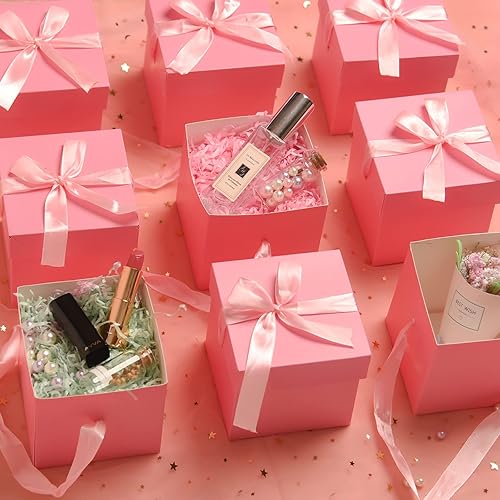 Miniatura 7 de Cajas de regalo rosas de 6 x 6 x 6 pulgadas con tapas, 12 hermosas cajas cuadradas con cinta, perfectas para bodas, Navidad, cumpleaños, día de San