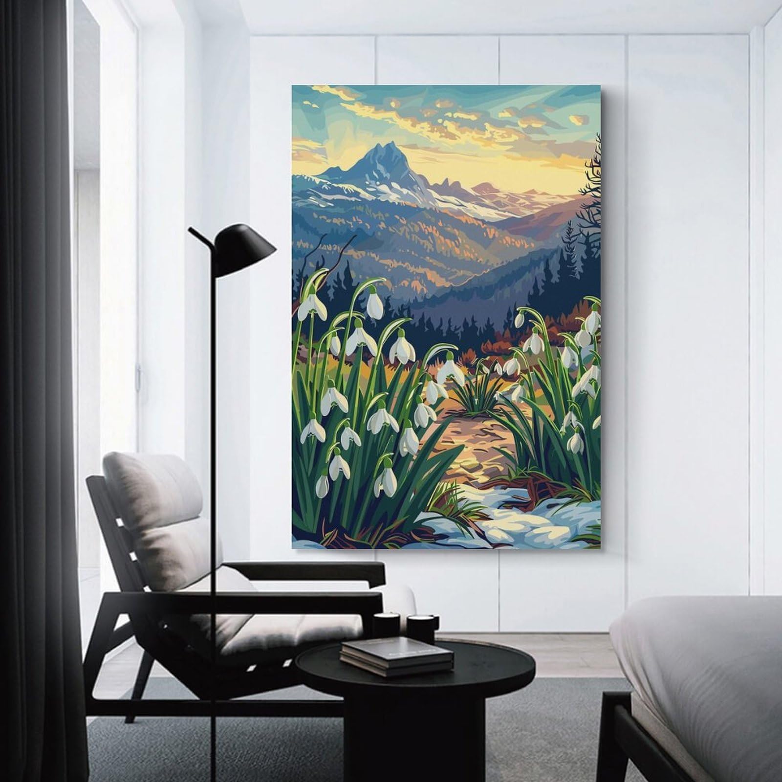 Junmoney Wall Picture Print Snowdrops And Mountain View, 16x24inch(40x60cm), for Workspace Walls, Study Corners Or Bedrooms, A Smart Decor Choice for Study Walls