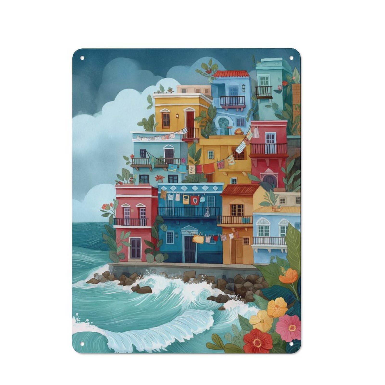 Junmoney Colorful Coastal Village Scene -5 Character Decorative Tin Plaque 40X30cm Featuring Small Space Decor For Bedroom, Kitchen, Office Or Living Room