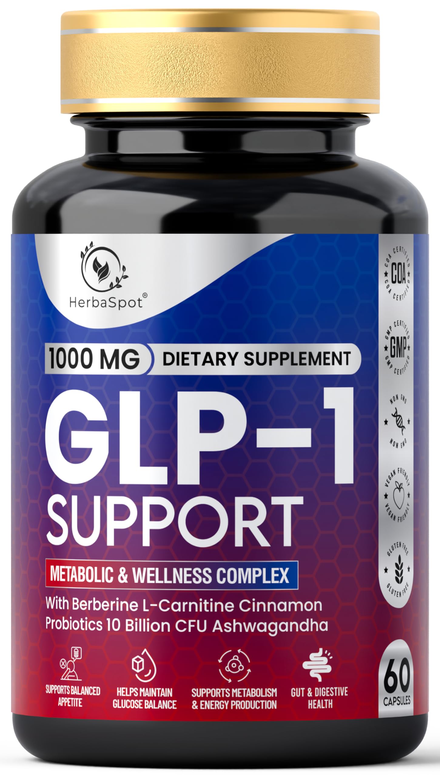 HerbaSpot 24-in-1 GLP-1 Supplement 1000 mg | Berberine & Ashwagandha | Cinnamon Bark, 10 Billion CFU Probiotics & L-Carnitine | Gut Health, Metabolism, Vitality & Appetite Support