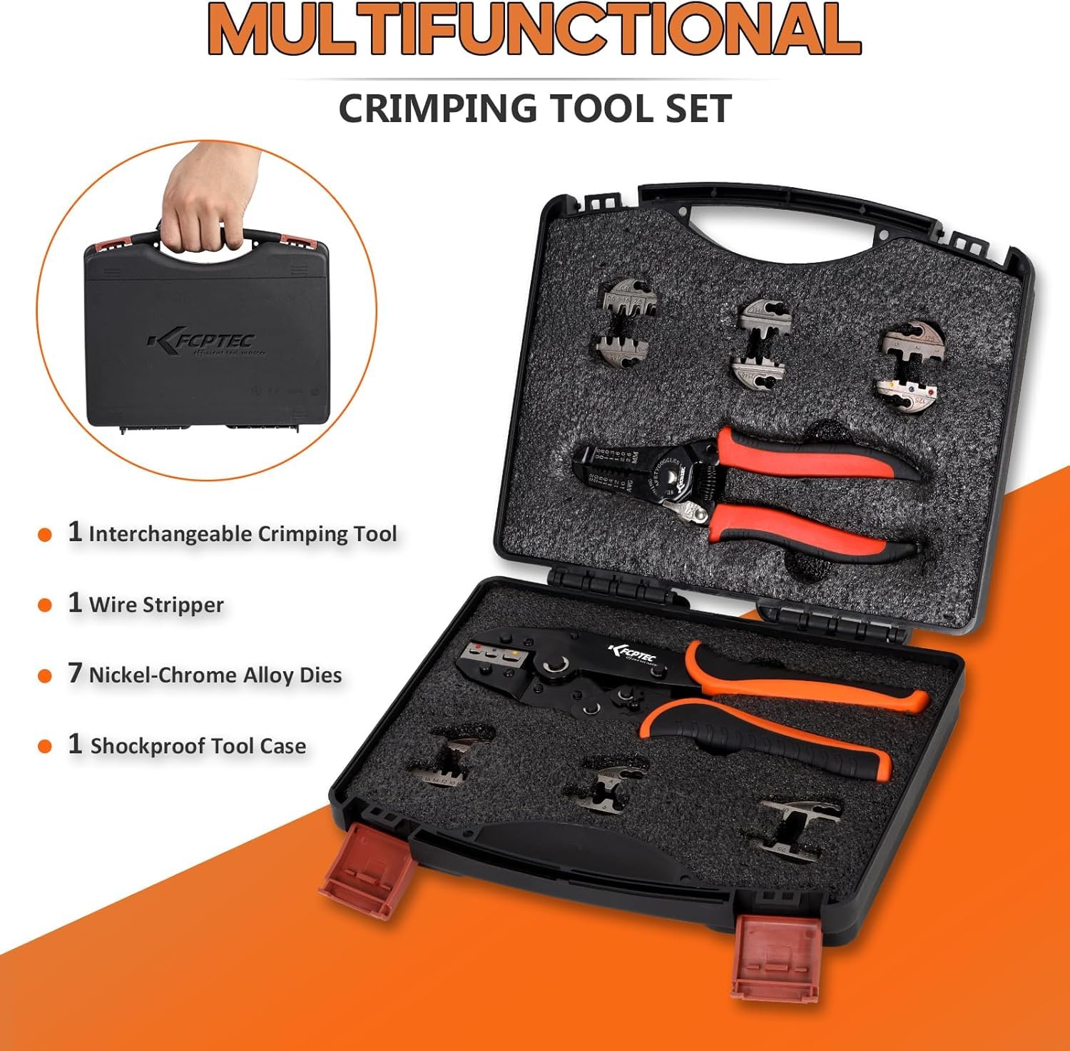 KF CPTEC Set di Pinze a Crimpare 9 PZ - Pinza Crimpatrice per terminali a filo - Strumento di Crimpatura intercambiabile per termoretraibile,connettori isolato,non isolato,ghiera,connettori cilindrici