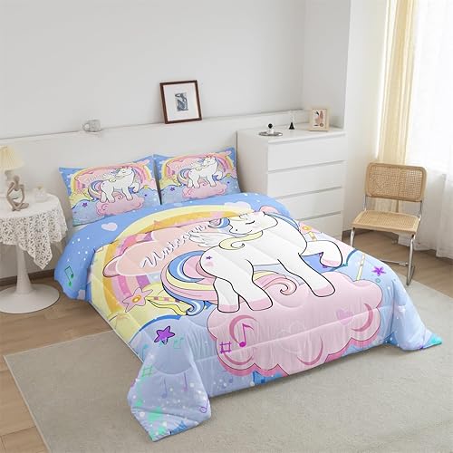 Miniatura 4 de Feelyou Juego de edredón de unicornio para niñas, tamaño individual, juego de ropa de cama de unicornio, 3 piezas Kawaii arcoíris reversibles con