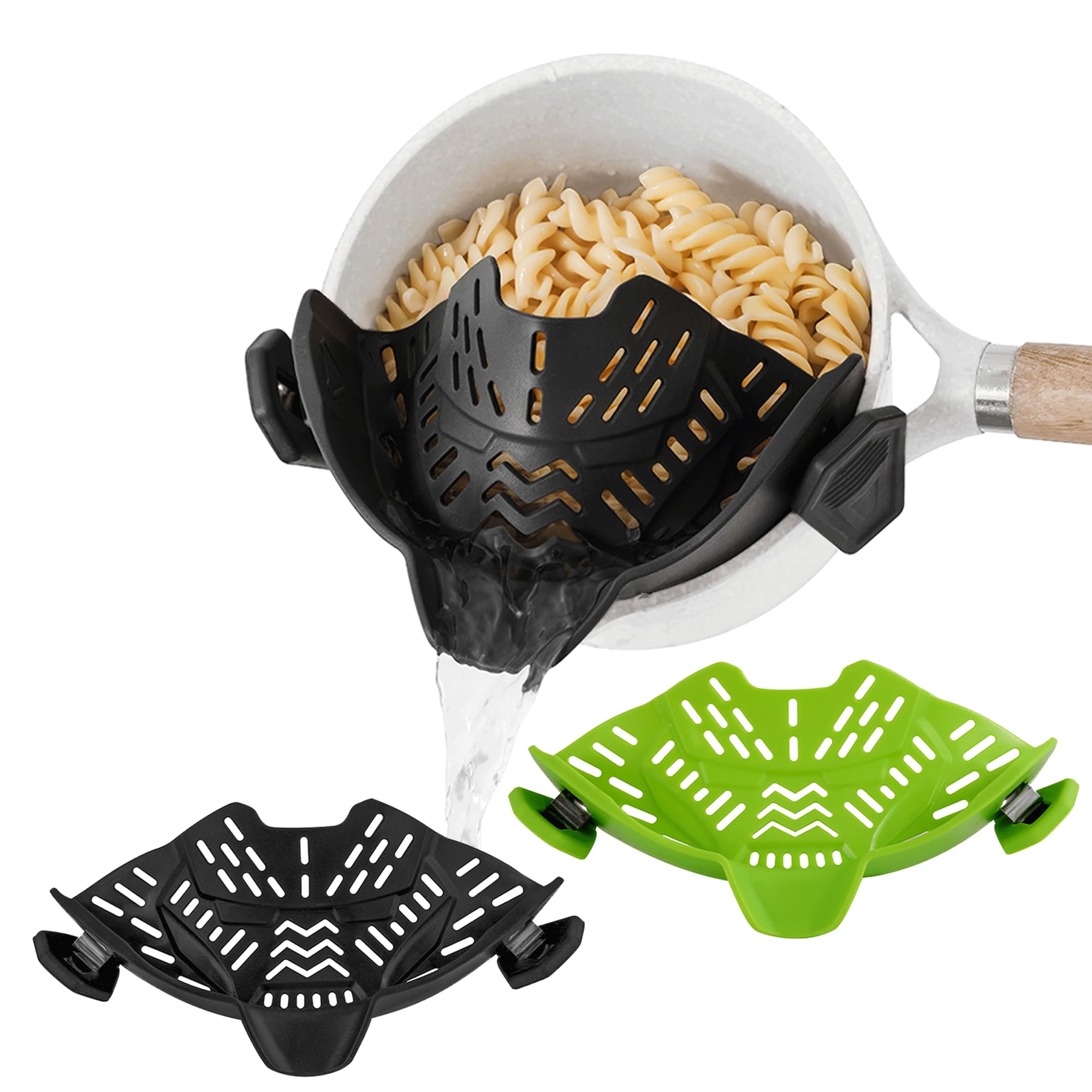 ASMEFY 2 Pcs Clip On Food Strainer, Silicone Strainer for Pasta Meat Vegetables Fruit, Colander for Pots, Pans, Bowl(Black,Green), Large