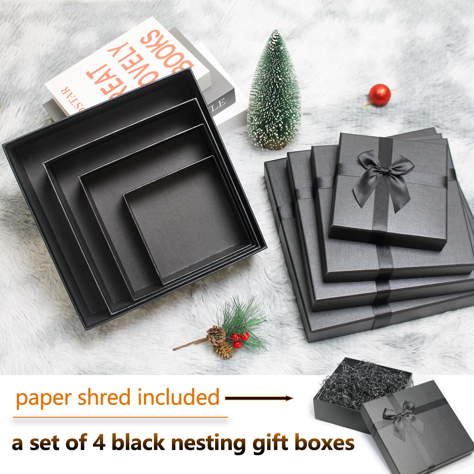 Geschenkbox für Geschenke, ein Set mit 4 eleganten schwarzen Geschenkboxen, luxuriöse Geschenkbox für Geburtstage, Jubiläen, Weihnachten usw. (Schwarz)
