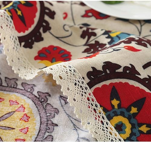 Miniatura 5 de Mantel rectangular de estilo bohemio de algodón y lino con encaje floral para decoración de mesa de cocina, comedor, 55 x 63 pulgadas