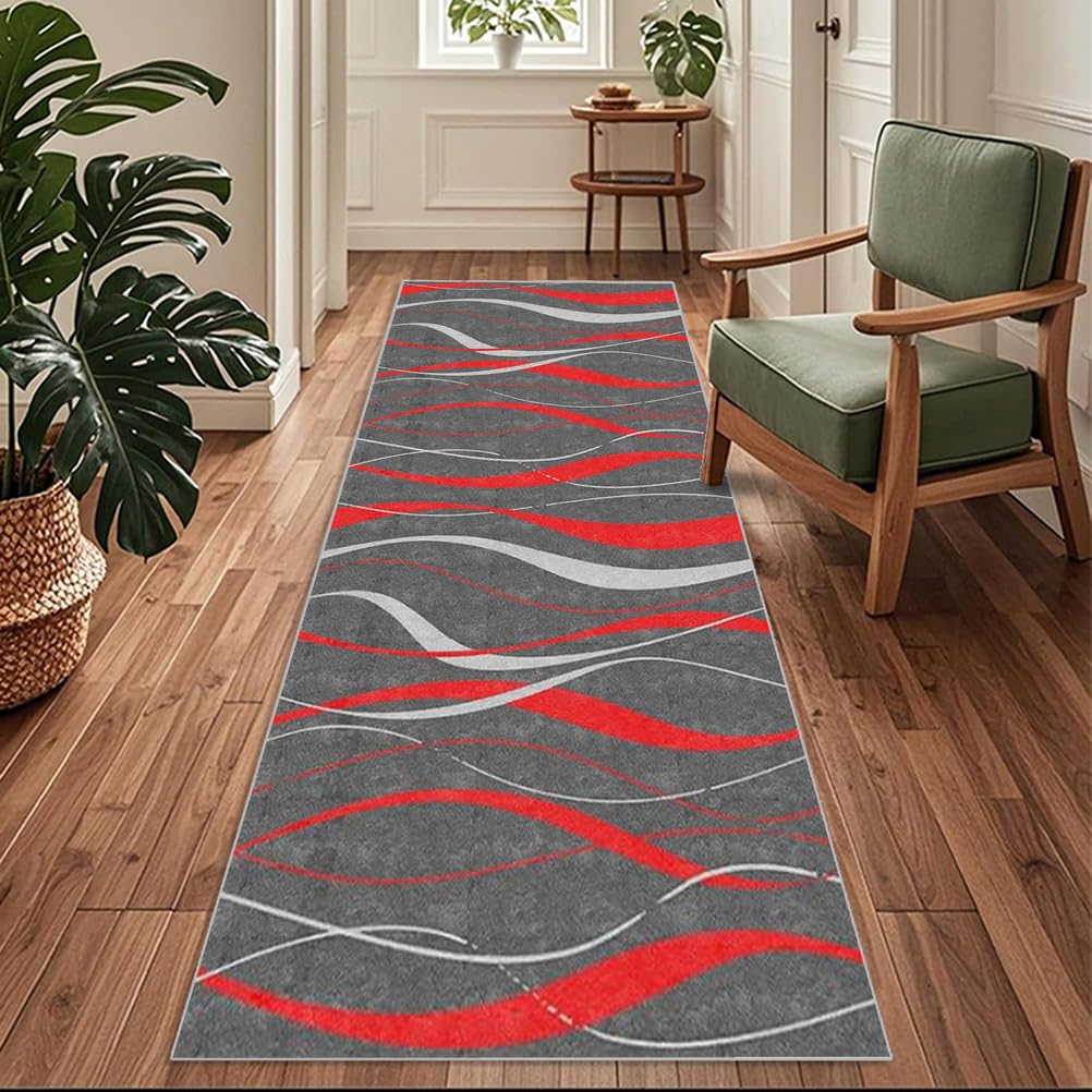 Siunwdiy Extra Long Runner Rugs for Hallway 60x200cm Modern vintage Grey red Carpet Runners for Hallways Non Slip Long,Kitchen Rugs Washable,Corridors Runner Rug for Living Room,Entrance,Home Decor