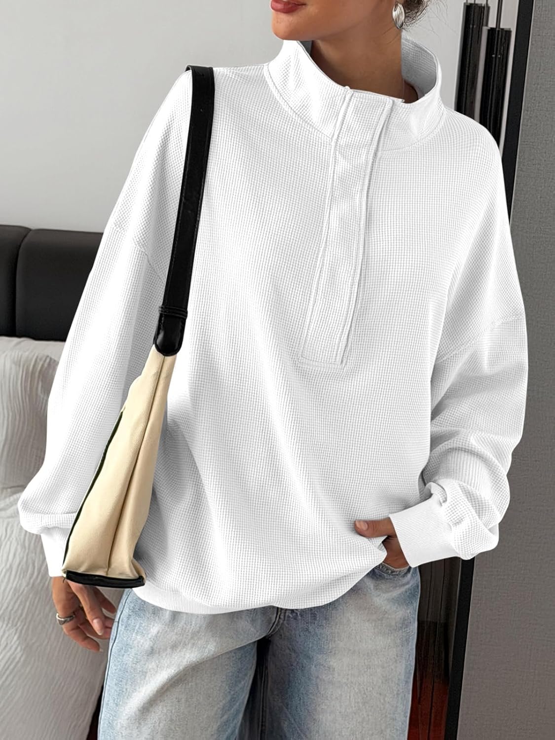 Fisoew Womens Waffle Knit Oversized Sweatshirt Casual Snap Stand Collar Long Sleeve Pullover Tops Fall Travel Outfits - Image 4