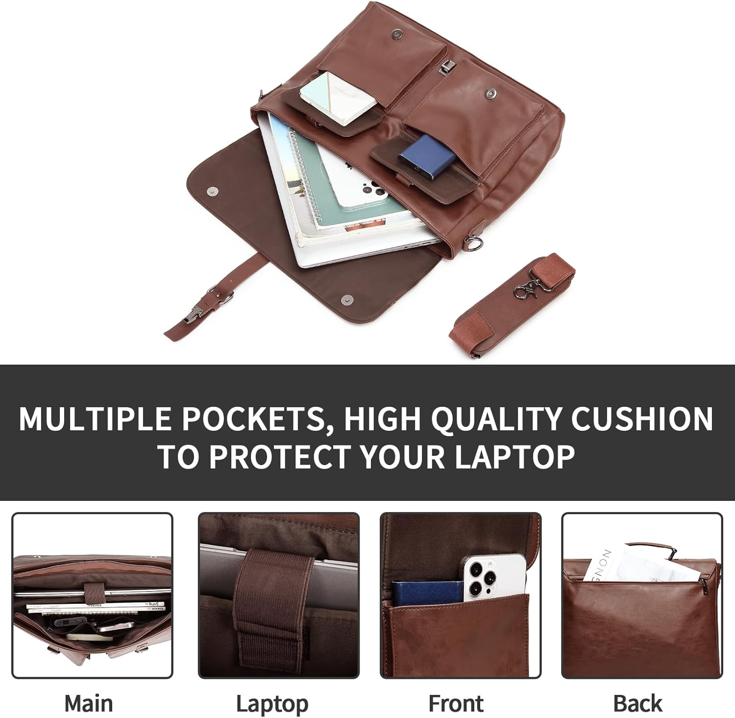 Leather Messenger Bag for Men,Vintage Mens Laptop Bag Water Resistant Business Travel Briefcase Satchel Work Computer Bag | Leather, Vintage, Mens, Water Resistant, Business, Travel - Image 3