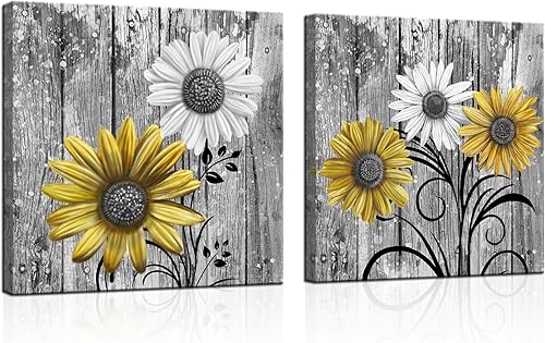 iHAPPYWALL 2 piezas de margaritas rústicas para baño, decoración de pared, color amarillo y gris, para dormitorio, sala de estar, decoración de