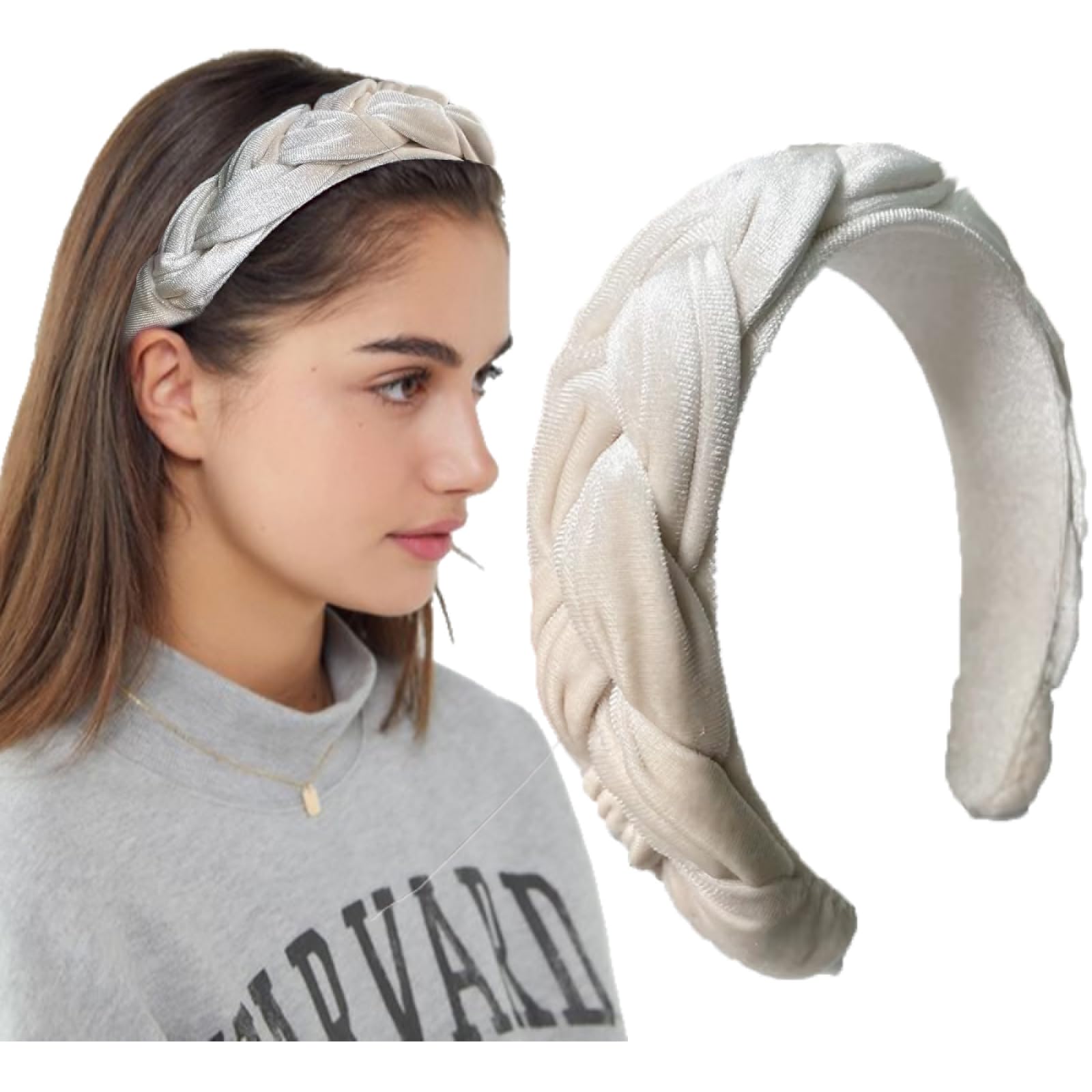 LEBENSWERT Velvet Braided Headband Women's Costume Headband Wide Vintage Hair Band Fashion Headbands for Women (Beige)