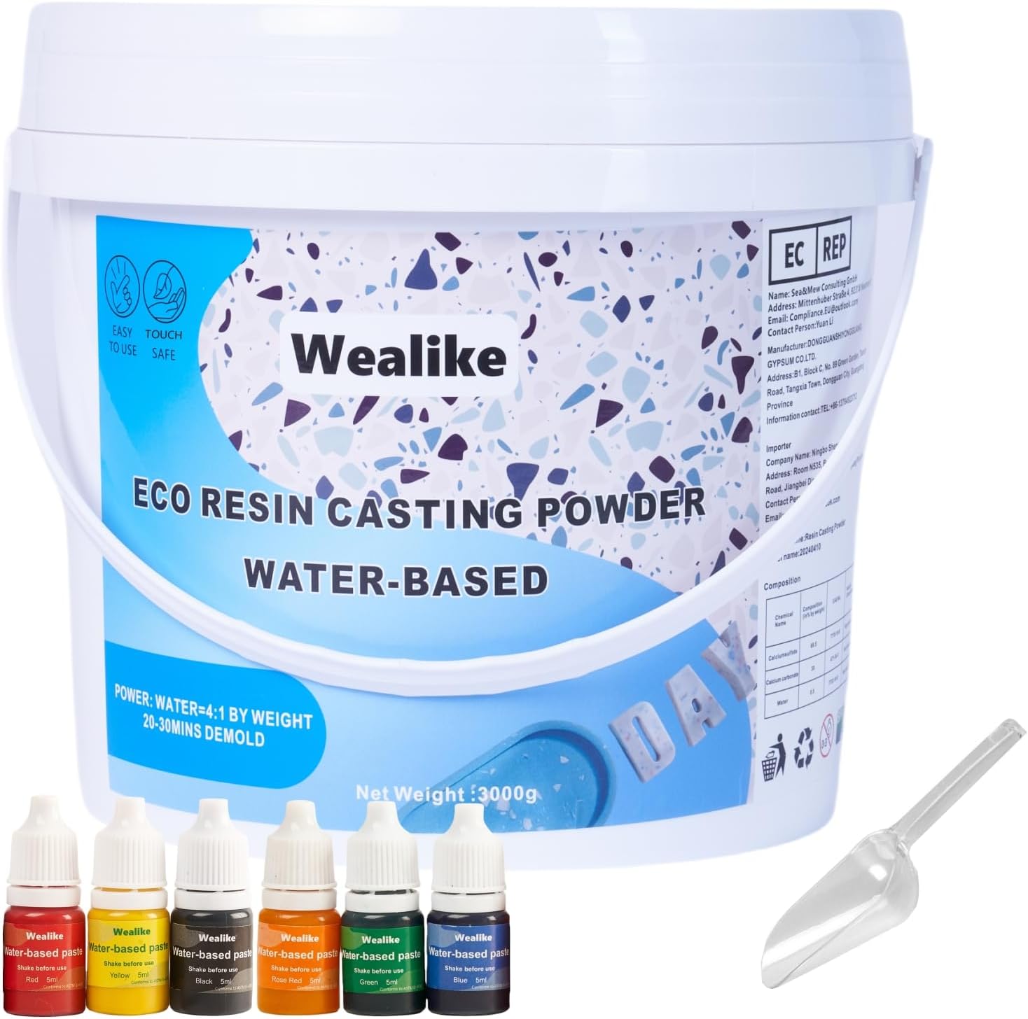 Eco Resin Casting Powder 6.6lbs/3000G,Water-Based Ceramic Resin Plaster with 6PCS Pigments,20-30 Minutes Demold.Easy Mix for Home Decor &DIY Art