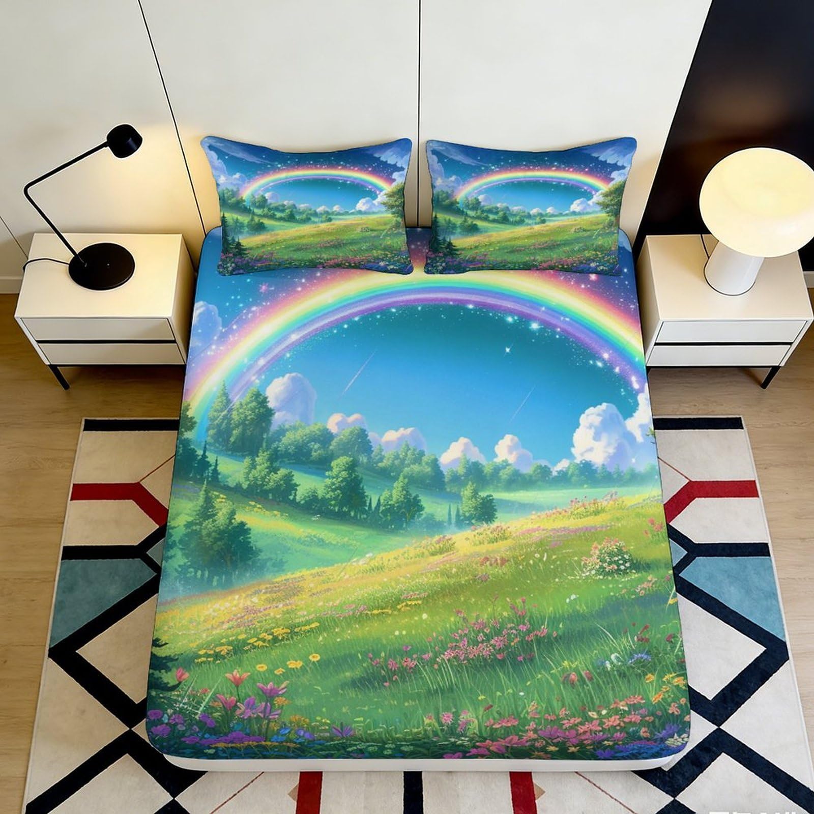 3D Printed Rainbow Landscape Fitted Sheet, Soft Microfiber, Wrinkle Resistant, Bedroom Bed Cover, Apartment Bedding, Easy Care, Home Decor 160x200x25cm
