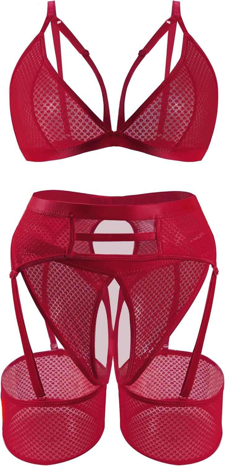 popiv Women Sexy Lingerie Set Cutout Bra and Panty Sets Garter Lingerie 4 Piece
