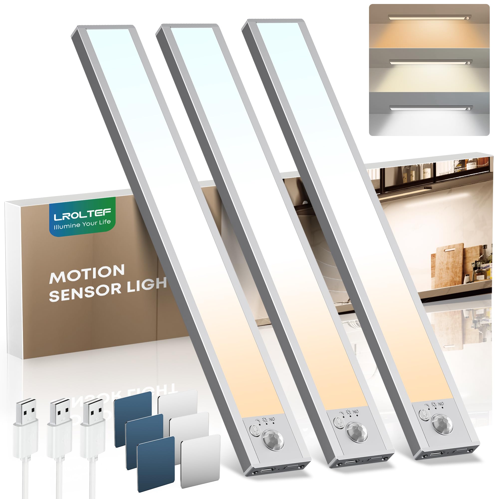 LROLTEF Schrankbeleuchtung Led Lampe mit Bewegungsmelder - 21cm 1500mAh 6500K 4000K 3000K 3 Farbtemperaturen Dimmbar Unterbauleuchte Küche Licht Treppenlicht Aufladbar Magnetische mit Sensor | 3 Stück