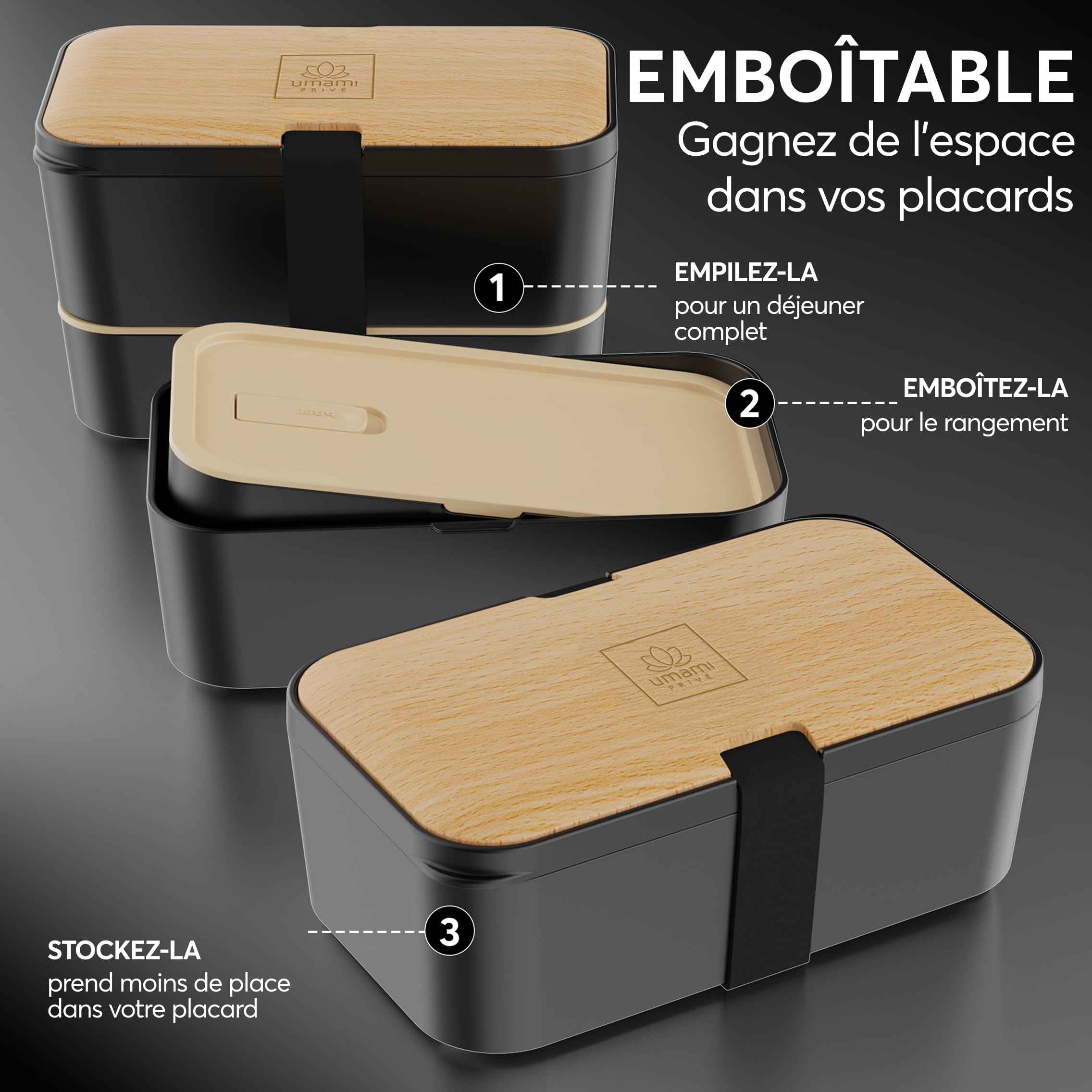Umami Bento Lunch Box, Couverts & 2 Pots à Sauce Inclus, Boîte Repas Encastrable, Lunchbox Micro-Ondable, Boîte à Lunch Adulte Compartimentée, Bento Box, Hêtre Noir, 1500 ml