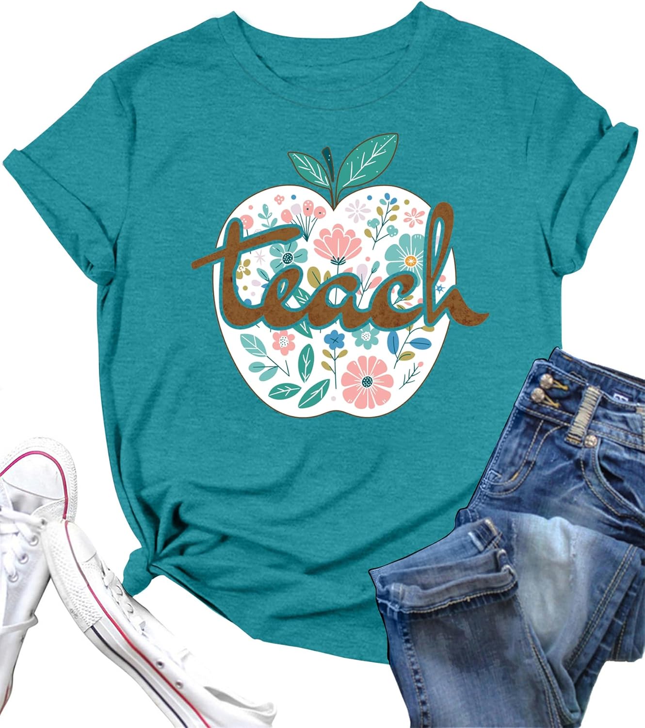 LAZYCHILD Teacher Shirts for Women: Teacher T-Shirt Apple Graphic Shirt Teaching Life Teacher Gifts Tees Tops