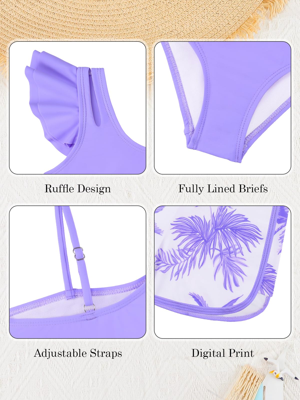 SHEKINI Costume da bagno da bambina, 3 pezzi, costume da bagno con volant, con pantaloncini, per bambine dai 5 ai 14 anni