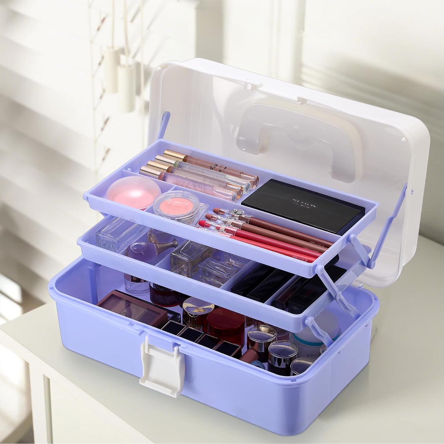 Hipiwe 3-Layer Plastic Storage Box 12.8" Multipurpose Craft Organizers with Dividers & Handle, Hair Accessories Organizer Folding Craft Tool Case Portable Tackle Box for Sewing Art Cosmetic, Purple - Image 5