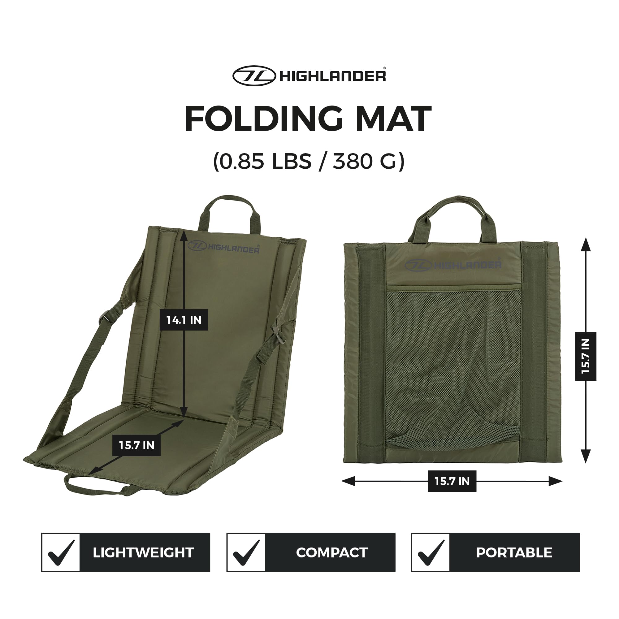 Highlander Tapis de siège Pliable pour l'extérieur - Siège de Stade léger et rembourré Portable, idéal pour Les promenades, Les Pique-niques, Le Camping, la randonnée ou Les Festivals (Vert Olive)